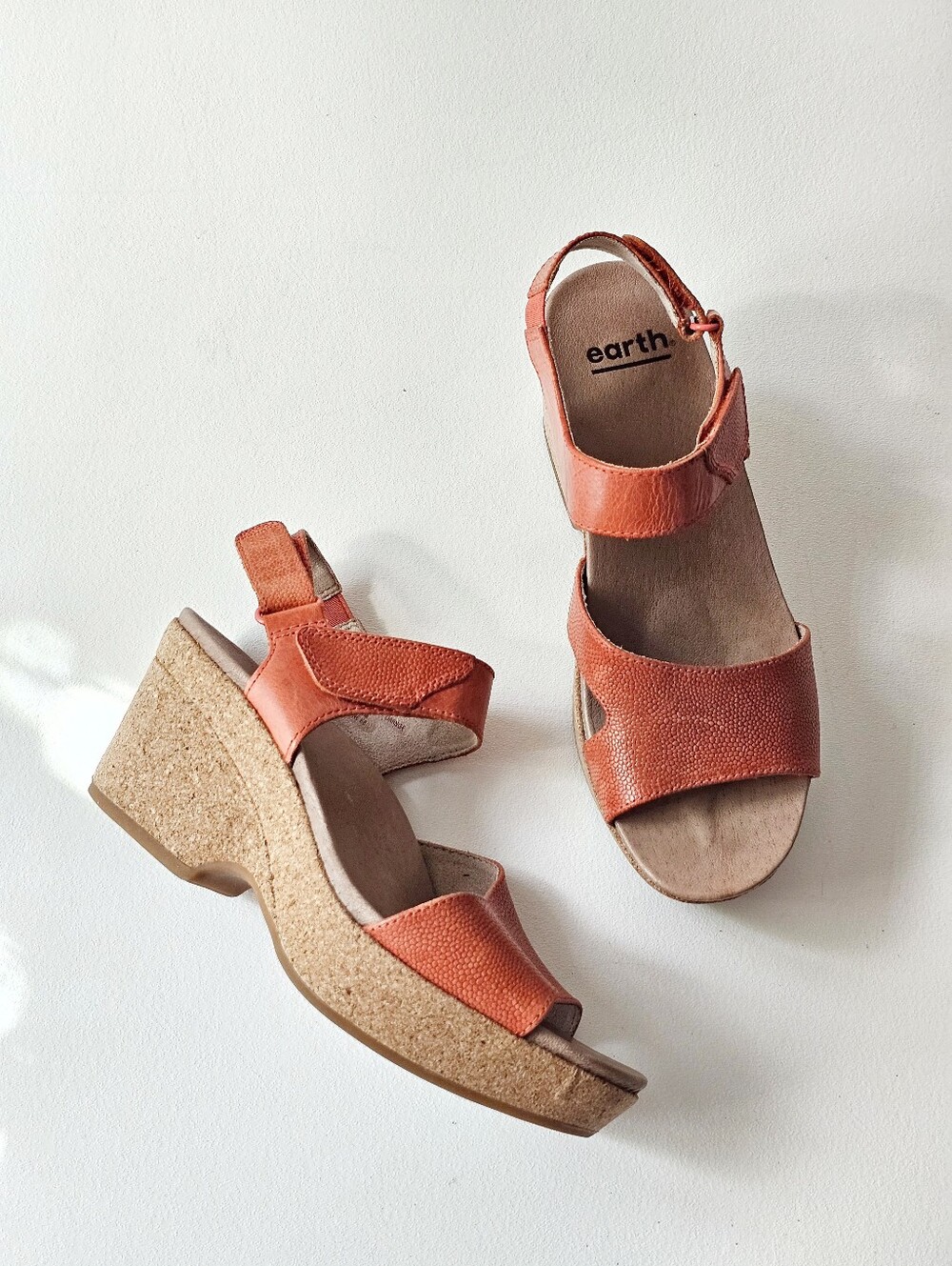 Earth Khaya Kella Orange Leather Cork Wedge Sandals Women's 7.5M Comfort